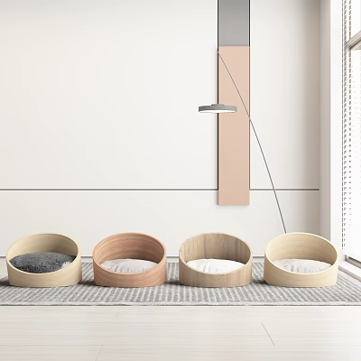 Four Round Wooden Pet Beds With Soft Cushions In Modern Indoor Setting 3d model