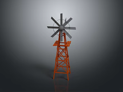 Industrial Windmill Equipment with Metal Blades and Orange Steel Support Structure 3d model