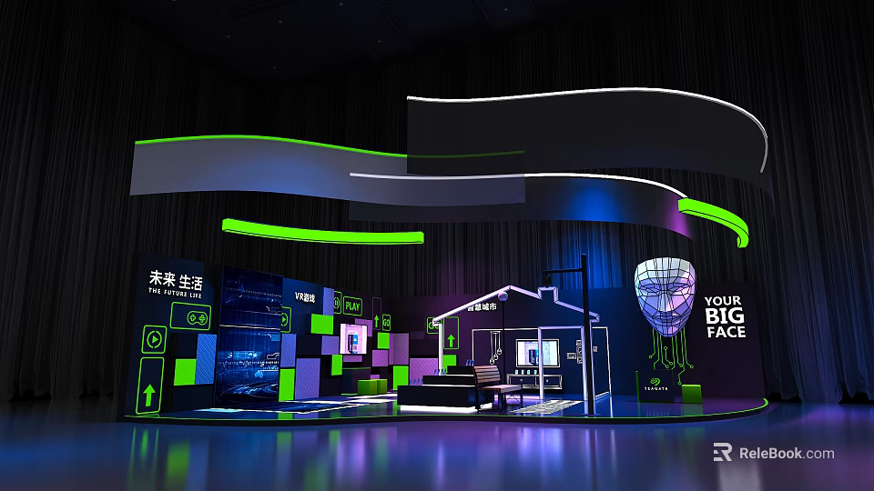 Futuristic Exhibition Space Design With Illuminated Curved Arches Screens And Vibrant Tech Lighting 3d model 