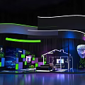 Futuristic Exhibition Space Design With Illuminated Curved Arches Screens And Vibrant Tech Lighting
