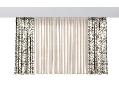 Elegant Layered Curtains With Sheer Panels And Textured Floral Pattern Fabric 3d model