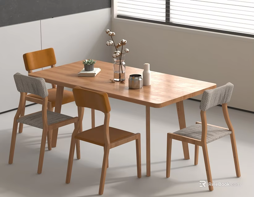 Modern Wooden Dining Table and Chair Set with Vase Candle and Potted Plant 3d model 