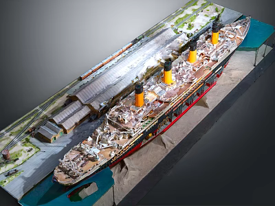 Detailed Ship Model with Yellow Funnels Red Hull in Dockside Diorama Including Railway Track 3d model