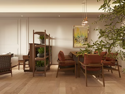 Cozy Dining Living Room Interior With Wooden Furniture Green Plants And Hanging Lamp 3d model