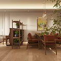 Cozy Dining Living Room Interior With Wooden Furniture Green Plants And Hanging Lamp