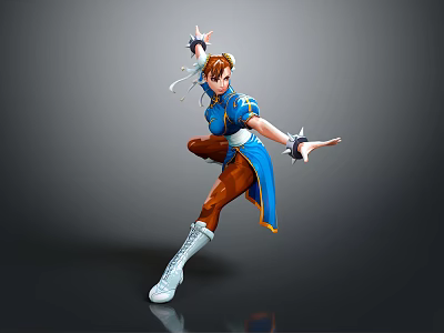 Female Martial Artist Character In Action Pose With Blue Outfit Brown Pants And White Boots 3d model