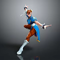 Female Martial Artist Character In Action Pose With Blue Outfit Brown Pants And White Boots
