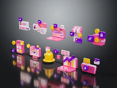 Reflective Pink Purple 3D Icons With Shopping Bag Laptop Coin Envelope Bell House 3d model