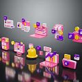 Reflective Pink Purple 3D Icons With Shopping Bag Laptop Coin Envelope Bell House