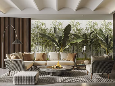 Modern Living Room Interior With Beige Sofa Large Tropical Plants And Striped Rug 3d model