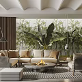 Modern Living Room Interior With Beige Sofa Large Tropical Plants And Striped Rug