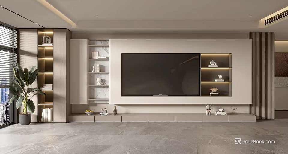 Modern Light Luxury TV Background Wall With Storage Shelves And Decor 3d model 