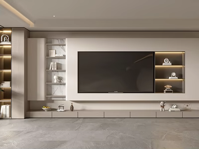 Modern Light Luxury TV Background Wall With Storage Shelves And Decor 3d model