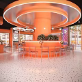 Orange Themed Restaurant Interior With Circular Pendant Lights Open Layout Tables And Chairs 3d model