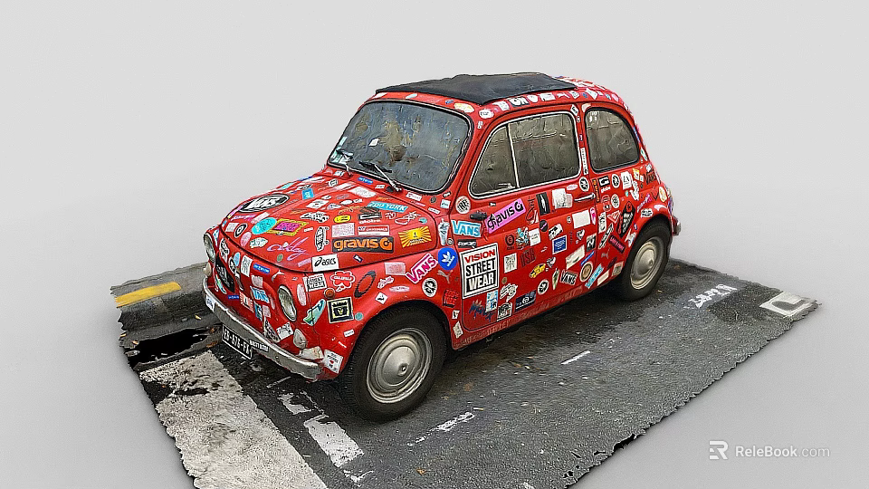 Small Red Car Covered with Various Stickers All Over the Body 3d model 
