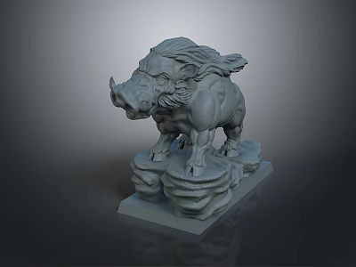 Realistic Wild Boar Sculpture 3D Model With Textured Rock Base Stand 3d model
