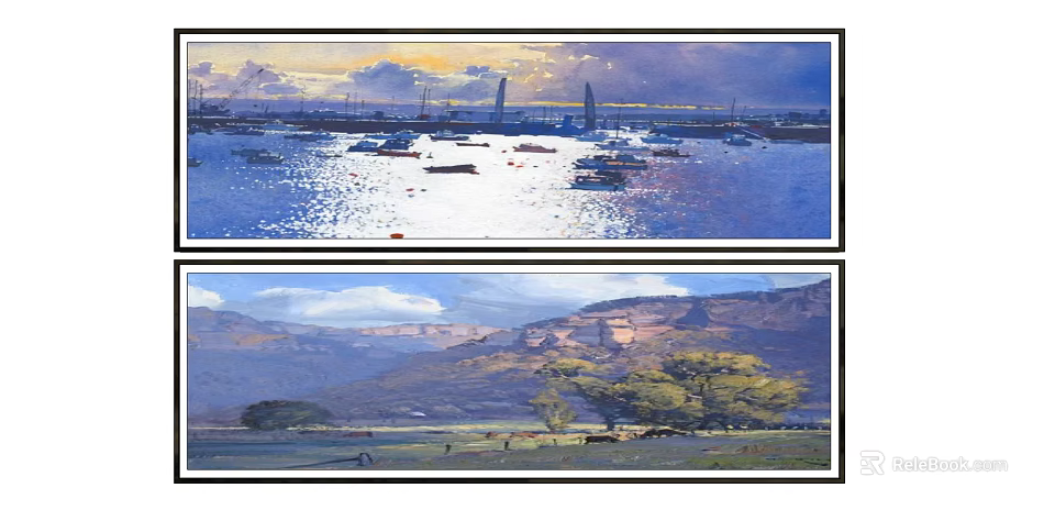 Oil Paintings of Sunset Harbor with Boats Water and Mountain Landscape with Trees Grassland 3d model 