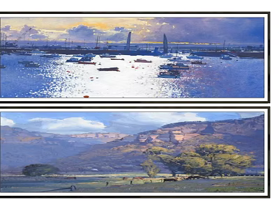 Oil Paintings of Sunset Harbor with Boats Water and Mountain Landscape with Trees Grassland 3d model