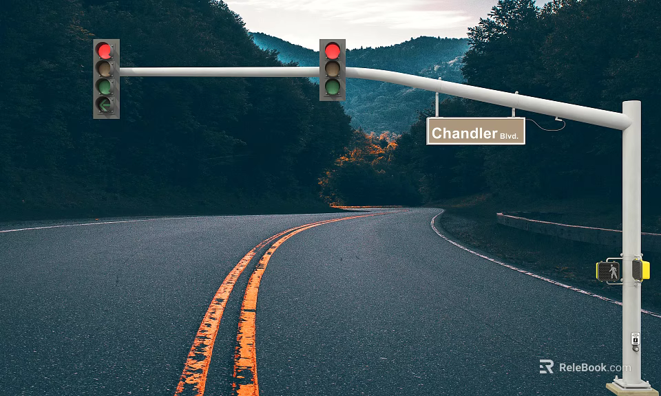 Outdoor Lights Including Traffic Lights Illuminating Chandler Ave Road Near Mountains And Trees 3d model 