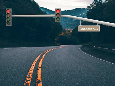 Outdoor Lights Including Traffic Lights Illuminating Chandler Ave Road Near Mountains And Trees 3d model