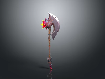 Fantasy Battle Axe Featuring Glowing Red Yellow Accents And Detailed Wooden Handle Design 3d model