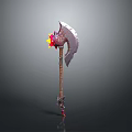 Fantasy Battle Axe Featuring Glowing Red Yellow Accents And Detailed Wooden Handle Design
