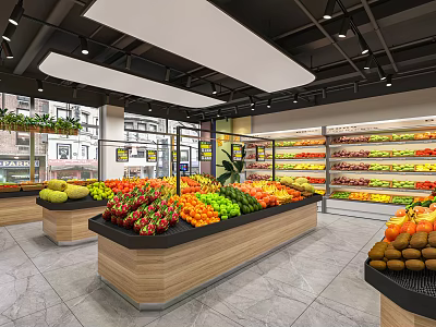 Supermarket Grocery Fresh Fruits Section With Bright Lighting And Organized Display Shelves 3d model