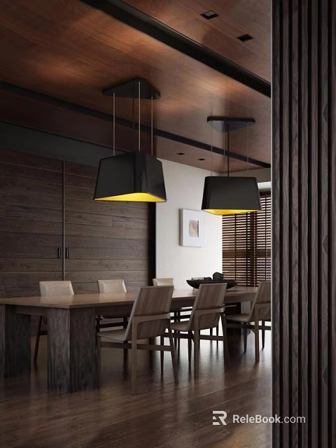 Modern Restaurant Interior With Wooden Walls Dining Table And Pendant Lights 3d model 