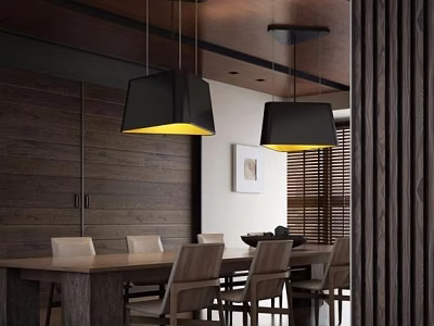 Modern Restaurant Interior With Wooden Walls Dining Table And Pendant Lights 3d model