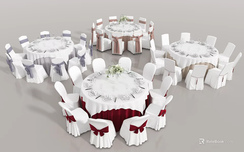 Wedding Reception Table And Chair Setup With White Tablecloths Red Sashes And Floral Centerpieces 3d model 