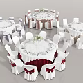 Wedding Reception Table And Chair Setup With White Tablecloths Red Sashes And Floral Centerpieces