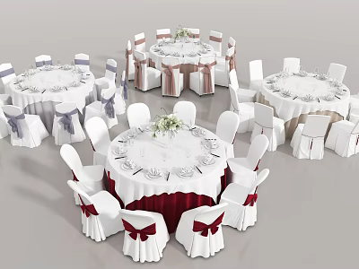 Wedding Reception Table And Chair Setup With White Tablecloths Red Sashes And Floral Centerpieces 3d model