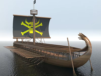 Wooden Pirate Ship With Black Sails Skull Crossbones Rowing Oars And Ornate Prow 3d model