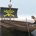 Wooden Pirate Ship With Black Sails Skull Crossbones Rowing Oars And Ornate Prow