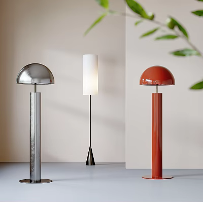 Modern Silver White and Red Floor Lamps with Sleek Shades and Stands in Interior Design 3d model
