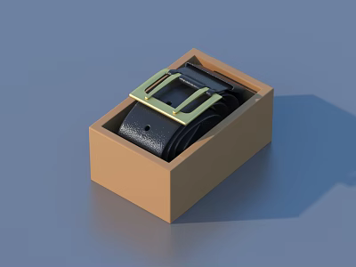 Black Leather Belt With Gold Metal Buckle In Brown Cardboard Box 3d model