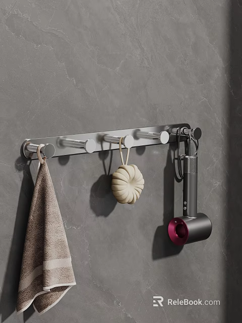 Modern Bathroom Accessories With Hanging Rack Towel Bath Sponge And Hair Dryer 3d model 