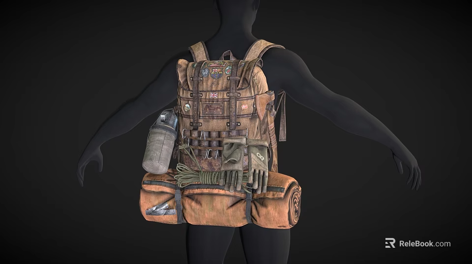Brown Daily Necessities Backpack With Multiple Pockets Utility Tools And Accessories 3d model 