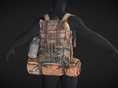 Brown Daily Necessities Backpack With Multiple Pockets Utility Tools And Accessories 3d model