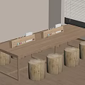 Natural Wooden Long Table With Log Stools In Simple Indoor Space With Window Blinds