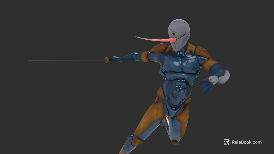 Armored Character With Blue Orange Armor Long Red Head Appendage Wielding Sword In Dynamic Pose 3d model 