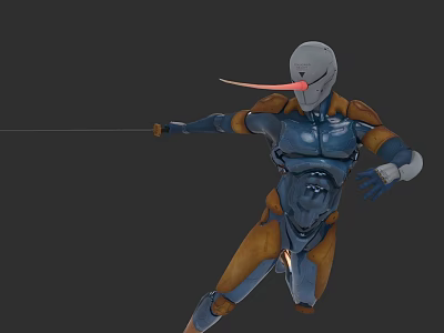 Armored Character With Blue Orange Armor Long Red Head Appendage Wielding Sword In Dynamic Pose 3d model