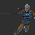 Armored Character With Blue Orange Armor Long Red Head Appendage Wielding Sword In Dynamic Pose