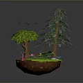 Lush Plants On Small Green Island With Leafy And Pine Trees Pink Flowers And Grass