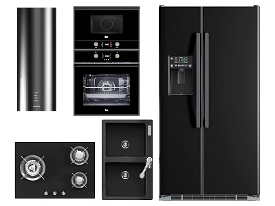 Modern Black Kitchen Appliances Including Refrigerator Oven Gas Stove Sink And Water Heater 3d model