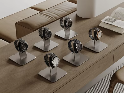 Watches Displayed On Metal Stands In Modern Space 3d model
