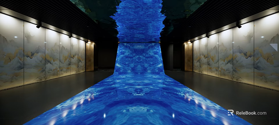 Artistic Interior Space With Blue Water Pattern Projection On Flooring And Walls 3d model 