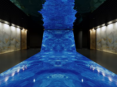 Artistic Interior Space With Blue Water Pattern Projection On Flooring And Walls 3d model