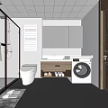 Modern Bathroom Interior With White Tiles Glass Shower Vanity And Washing Machine