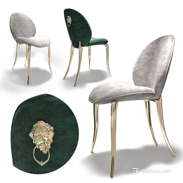 Modern Gray and Green Velvet Accent Chairs with Gold Metal Legs and Lion Head Decor 3d model 